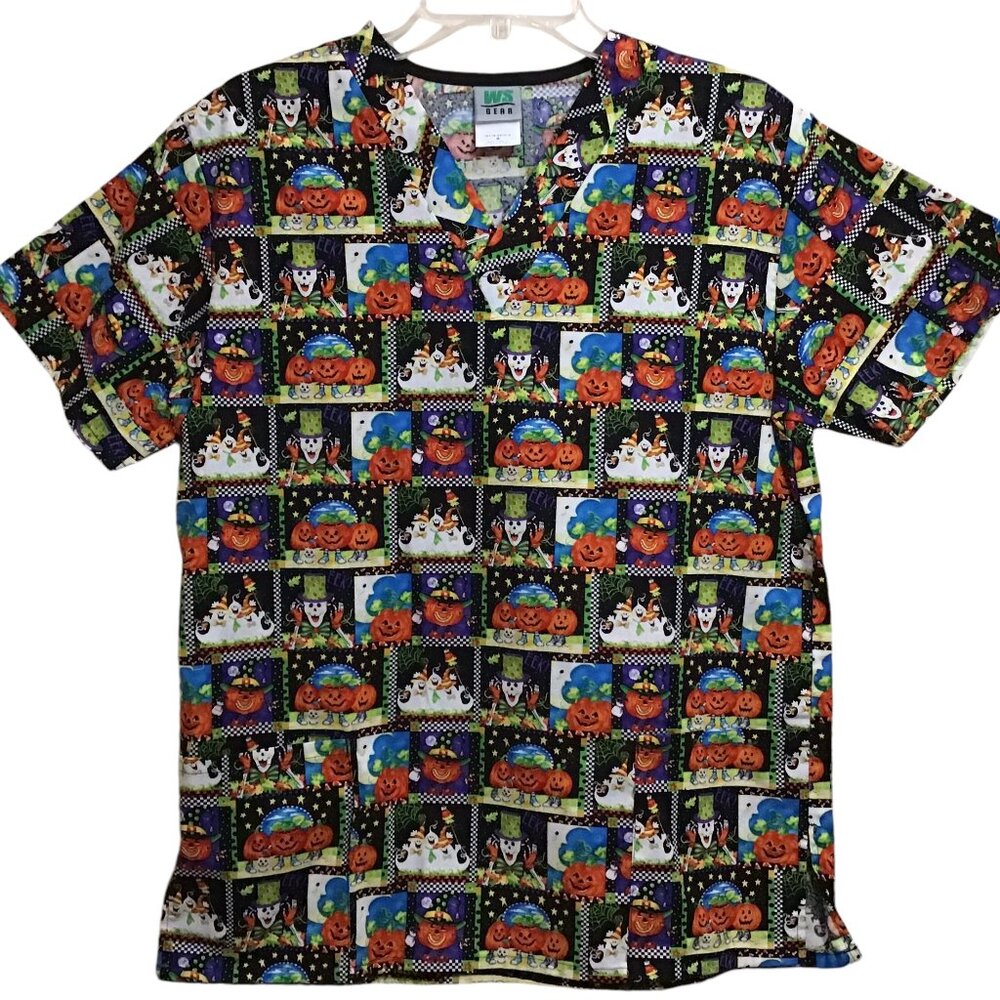 Halloween Scrub Top Sz Small Skeletons Pumpkins Ghosts Scrubs White Swan New NWT